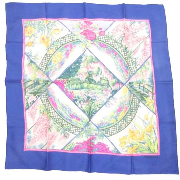 Hermes Giverny Garden Scarf Floral Pattern Carre 90 Logo Blue White